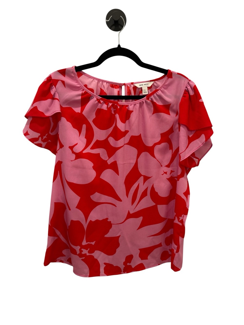 Nine West Pink and Red Floral Flutter-Sleeve Blouse